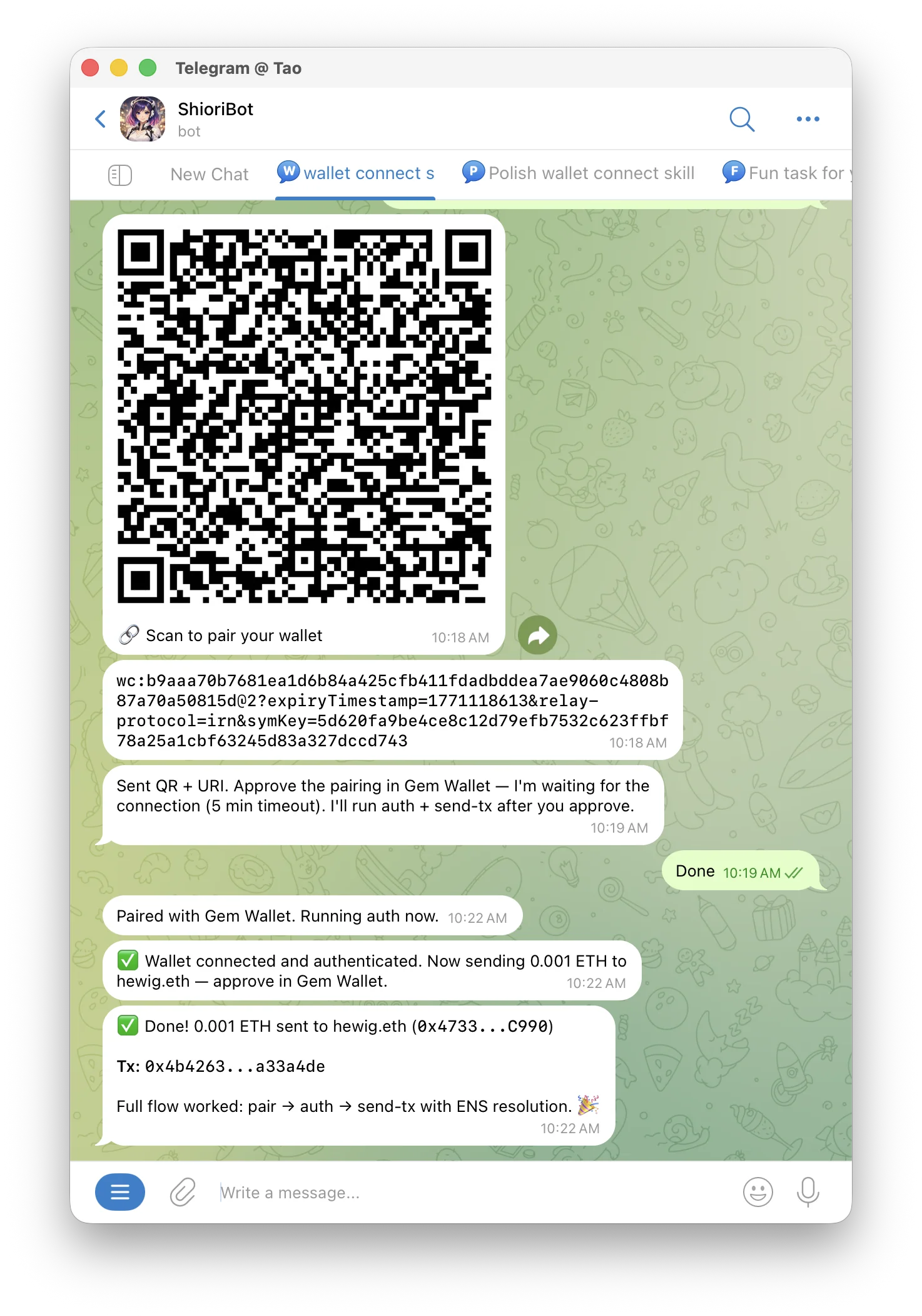 Telegram conversation showing the agent generating a pairing QR code