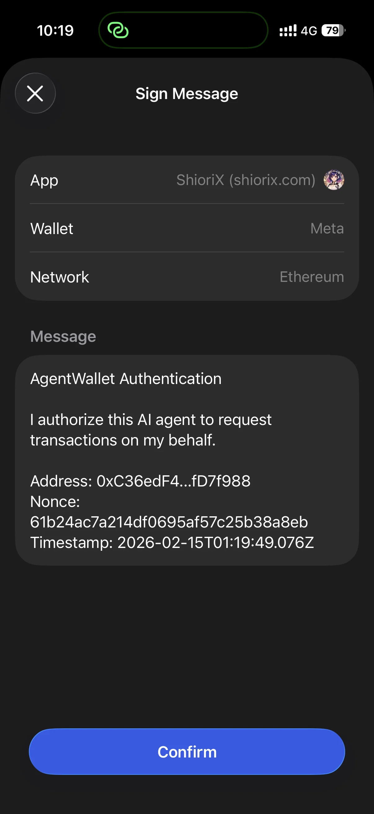 Wallet signing authentication message